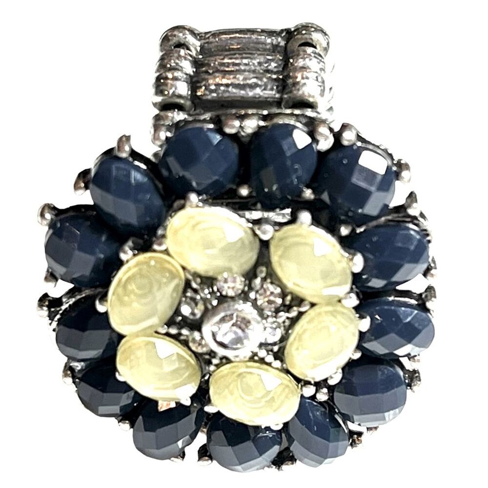 NEW Crystal & Glass Stone FLOWER RING 1-1/8” Silver Stretch Blue Yellow Gems
